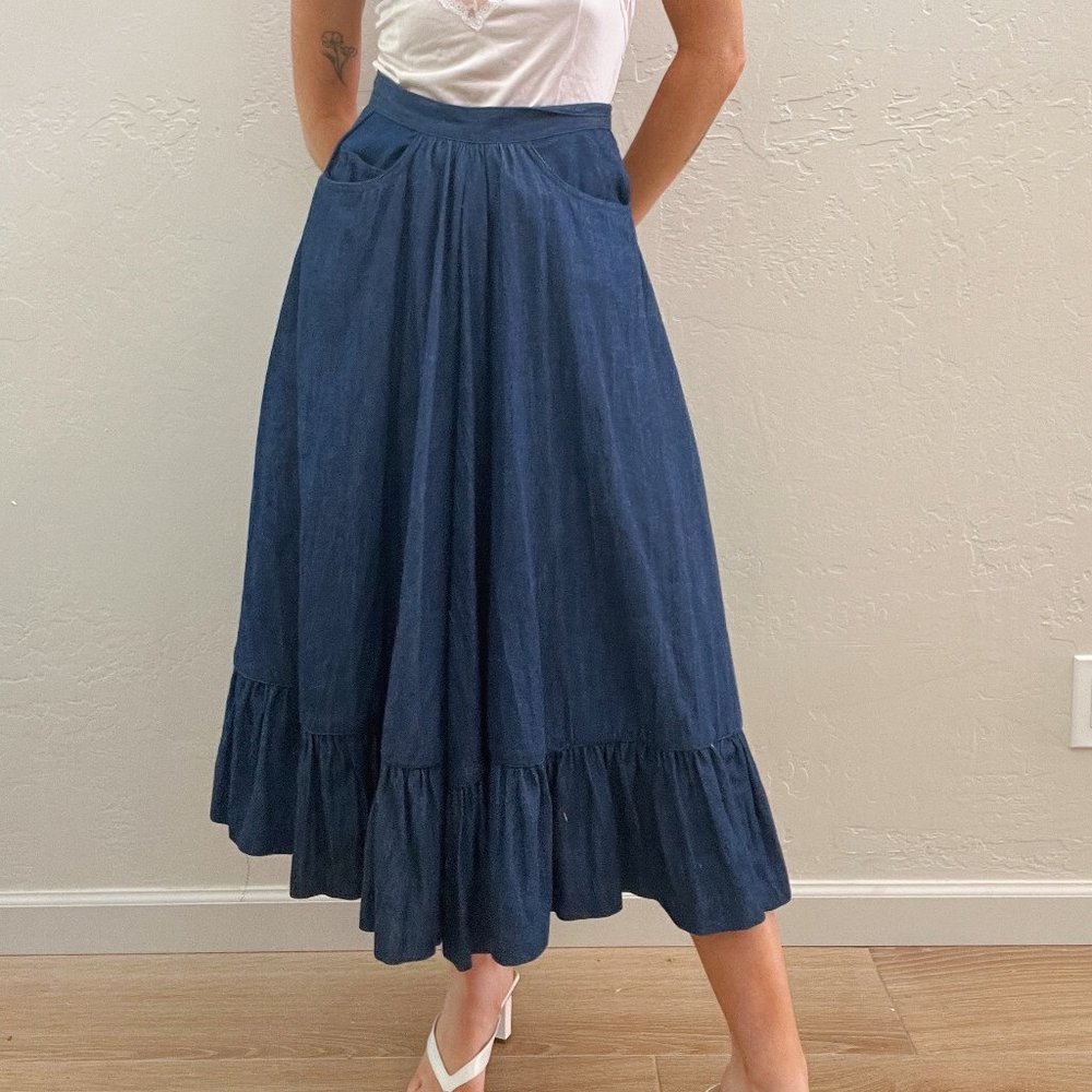 Vintage 1990s/Y2K Blue Denim Ruffle Boho Maxi Skirt - Picture 4 of 5